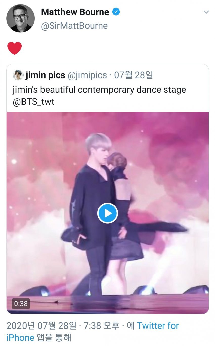 방탄 지민 무용 영상에 하트보낸 매튜 본 (백조의호수 안무가) | 인스티즈
