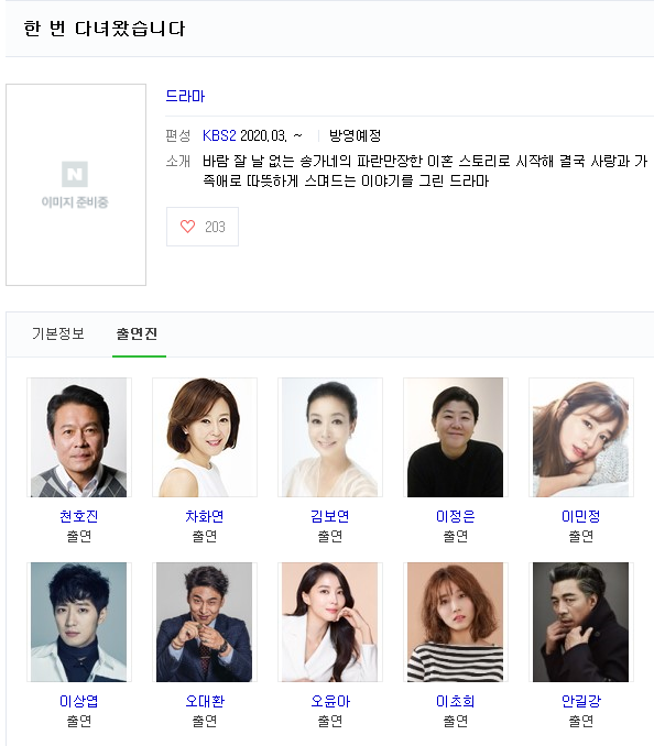 2020년 3월 KBS2 주말연속극 한번다녀왔습니다. 출연진 | 인스티즈
